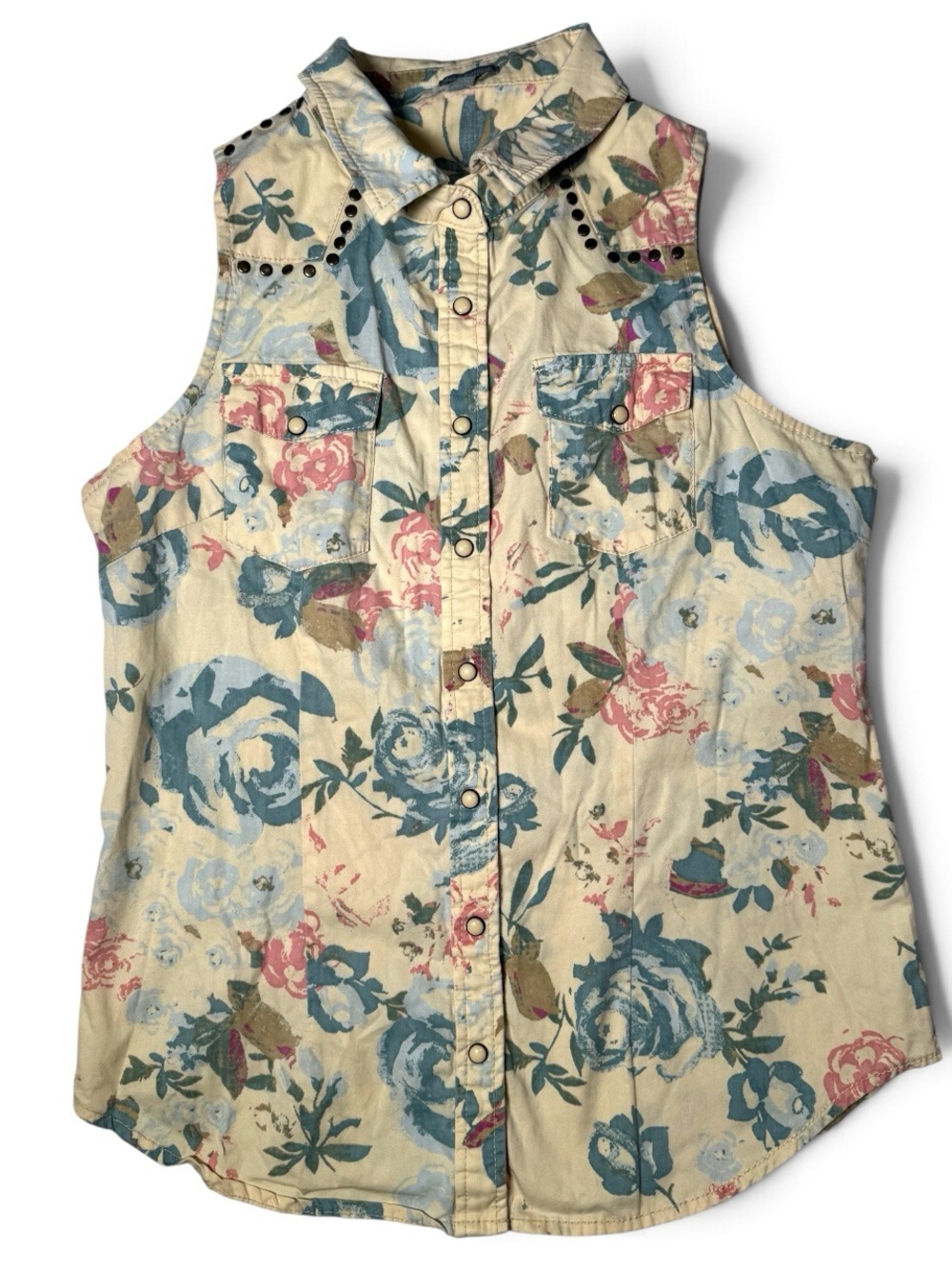 Charlotte Russe Vintage Sleeveless Floral Studded Button Down Top- Small